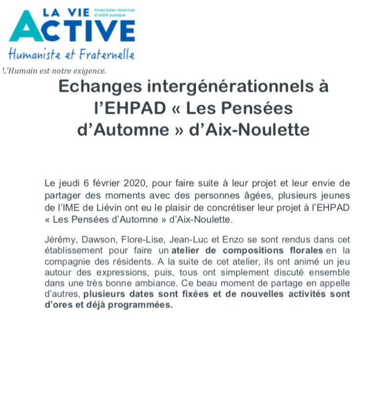 La Vie Active met en avant les échanges intergénérationnels de l'EHPAD "Les Pensées d'Automne".